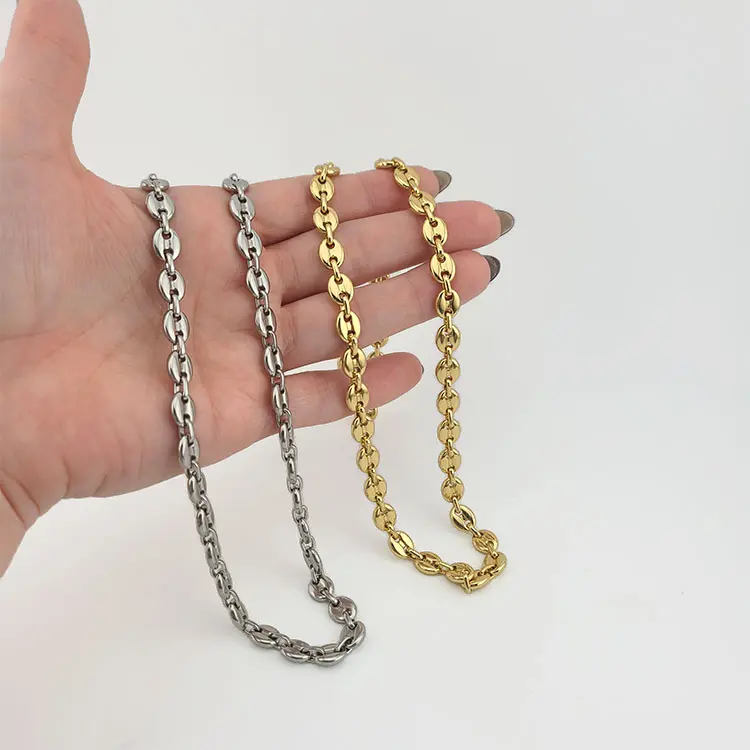 FWJ Trendy Chain Necklace for Women, 7.5mm Stainless Steel Hollow Puff Link for Casual Daily Wear, Gold or Steel Finish