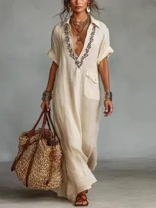 VVZ Boho Embroidered Linen Dress - Perfect for Beach, Vacation & Brunch! Casual V-Neck Short Sleeve Pocket Maxi Dress
