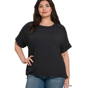 Plus Size Corded Rib Cuff Sleeve Raw Edge Top | Zenana | Heartland Store MN