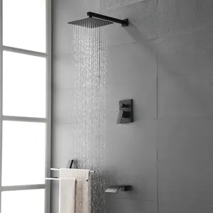 1-Handle Wall-Mounted Tub and Shower Trim Kit with 8 inch 10 Inch Square Rain Head Shower & Waterfall Tub Spout in Matte Black, Brushed Nickel, Brushed Gold