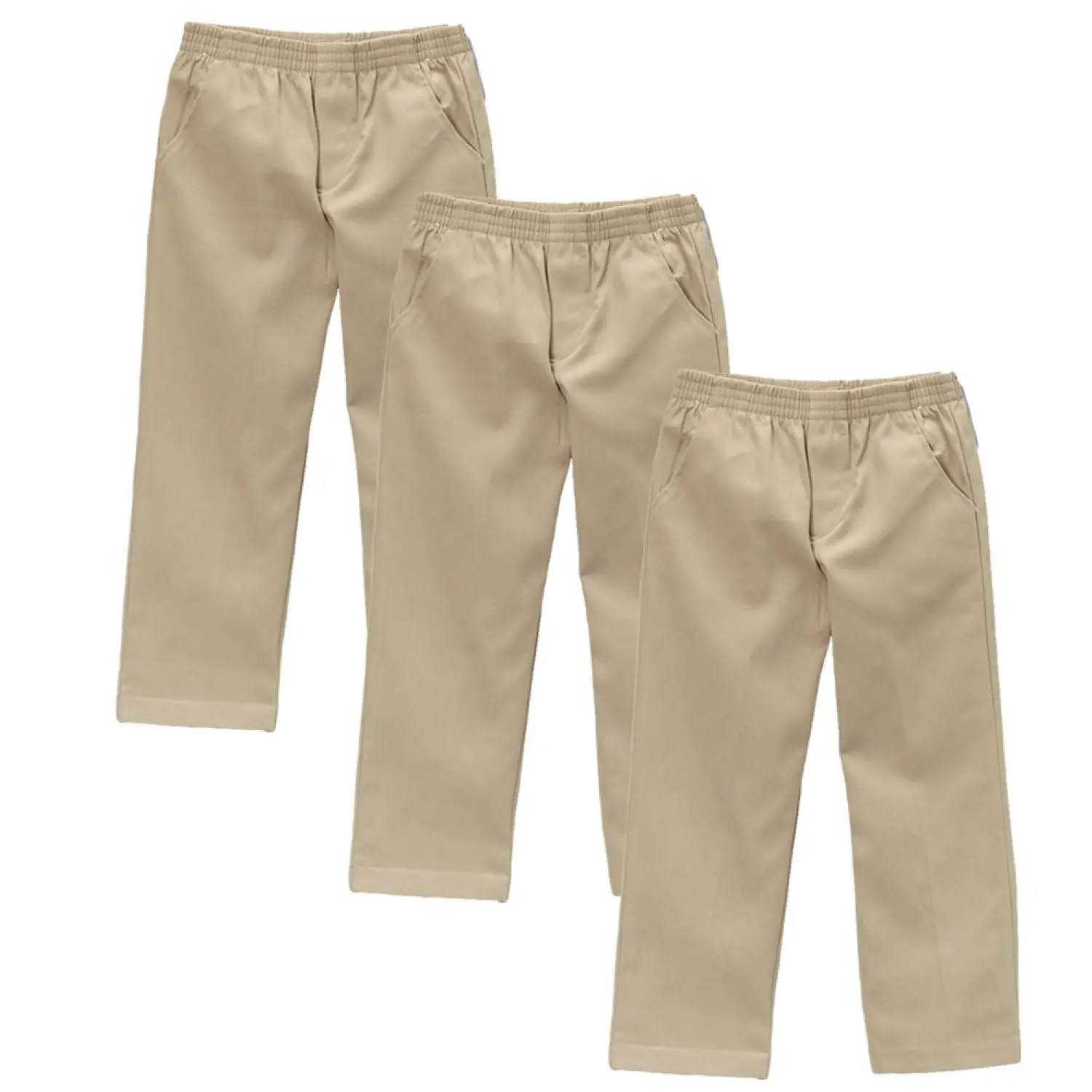 unik Boys' Khaki Uniform Pull-On Pants - All Elastic Pull-On Waist, 3-Pack Casual Pants, Multi-Size Ages 4-16 Boys' Bottoms BU03