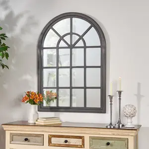 ARCH WINDOW MIRROR, Farmhouse Wall Decor Wood Frame Decorative Wall Mirrors Like Window for Bedroom, Living Room, Entrance, Dining Room,Window Mirrors for Wall Decor -Grey Box Wooden