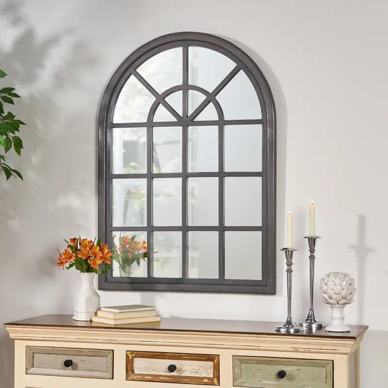 ARCH WINDOW MIRROR, Farmhouse Wall Decor Wood Frame Decorative Wall Mirrors Like Window for Bedroom, Living Room, Entrance, Dining Room,Window Mirrors for Wall Decor -Grey Box Wooden