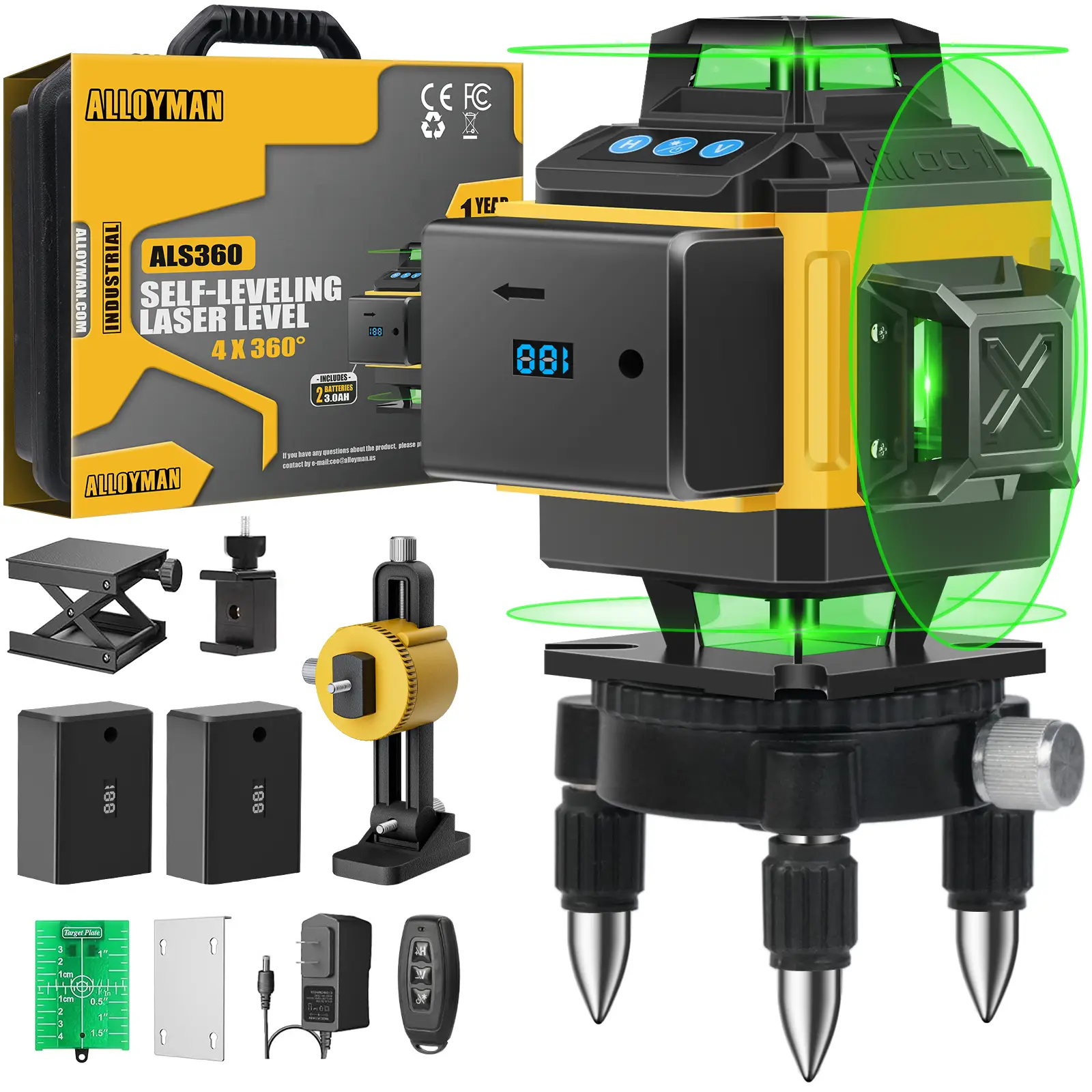 Alloyman 16 Lines Laser Level, Self Leveling 4x360° Green Laser Level with 2Pcs Rechargeable Lithium Batteries/Wall Mount/Remote Control for Indoor an
