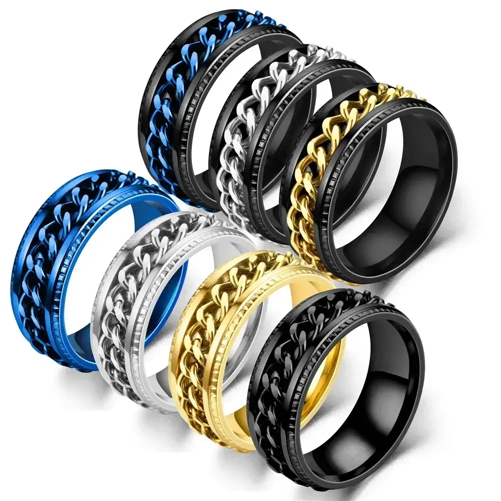 8MM Stainless Steel Rotatable Chain Rings For Men Punk Spinner Chain Rotable Ring Women Party Titanium steel Jewelry Gift