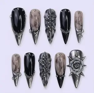 Handmade Gothic Press On Nails, 3D Spikes Nail Design, Chains & Metallic Rose NailsArt, Stiletto Nails for Dark Power
