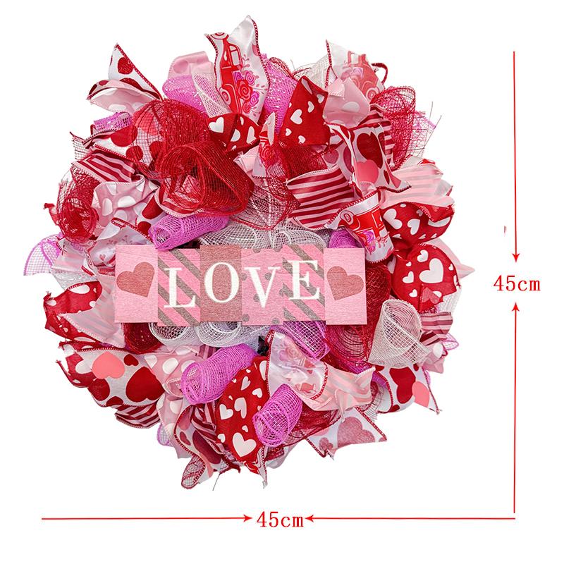 ZMOCEN-17 Inch Valentines Day Mesh Wreath, Valentines Wreaths for Front Door with Love Wooden Sign Fishnet Yarn, Valentines Day Wedding Decorations for Indoor and Outdoor