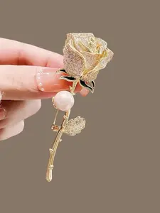 Gold Rose Flower Elegant Pearl Decor Brooch, Exquisite High-End Coat and Suit Accessory, Chic Fashion for Women, Jewellery