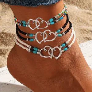 Boho Interlocking Heart Beaded Anklet Set, 4 Pcs Turquoise Multilayer Beach Anklets for Women, Adjustable Summer Foot Jewelry