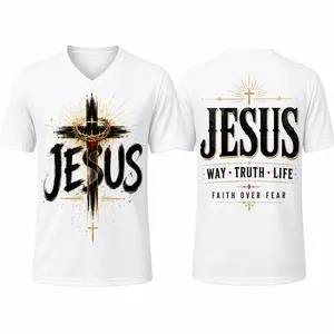 Jesus Christian Faith V-Neck Sports Shirt for Men Women, Cross Graphic Way Truth Life Short Sleeve Inspirational Tee