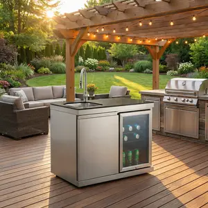 Outdoor Kitchen Cleaning Station with 70L Refrigerator & Built-in Sink, Freestanding BBQ Island Module, Pull-Down Faucet, Premium Stainless Steel, Silver
