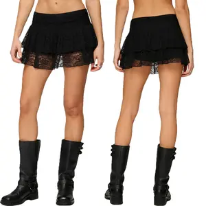 Women's Lace Mini Skorts Summer Fashionable High Waist Tiered Ruffle Skirt with Shorts