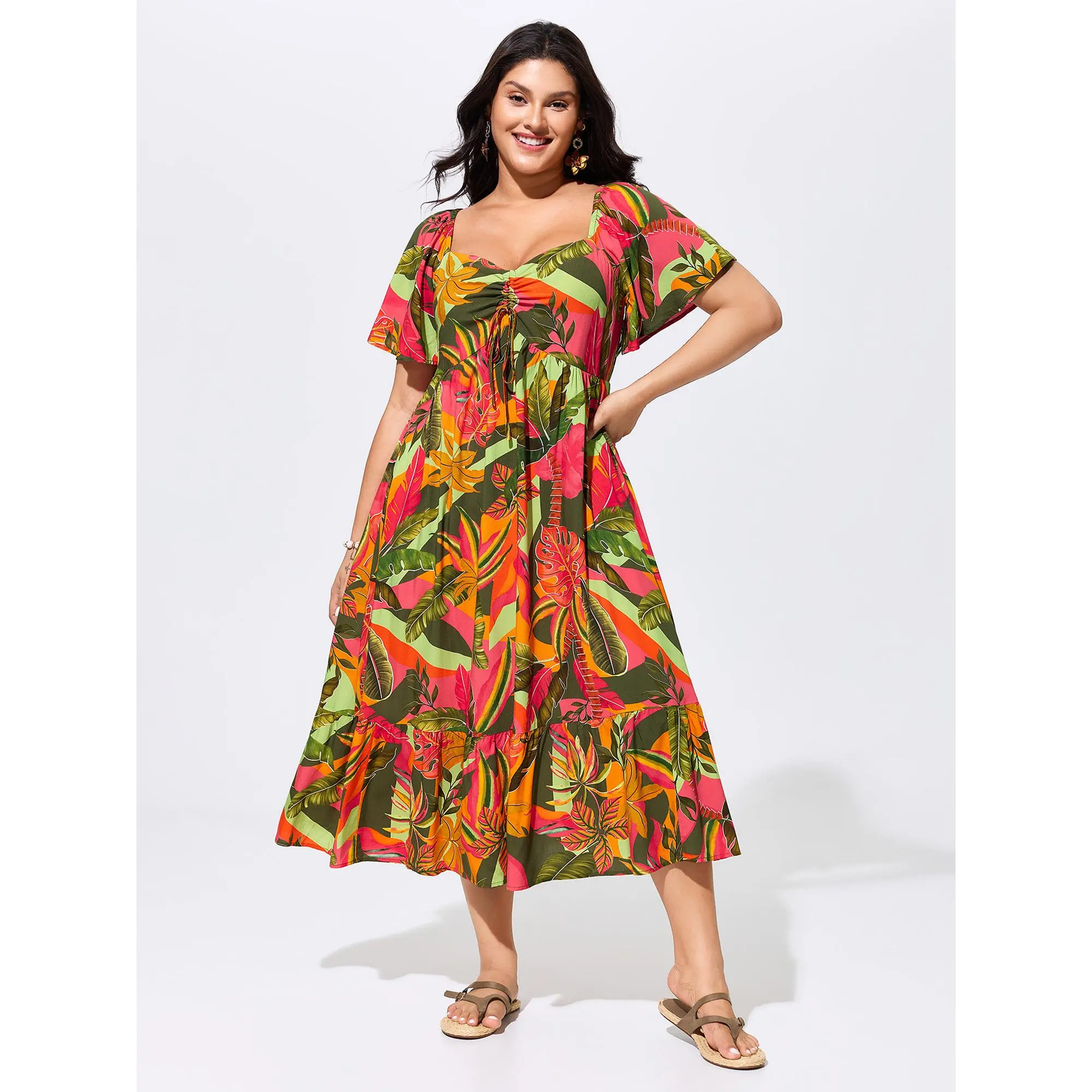 BloomChic Lady's Tropical Print Midi, a Casual Resort Garment in Smooth Rayon with Ruffle Shortsleeve and Lace-Up Neck