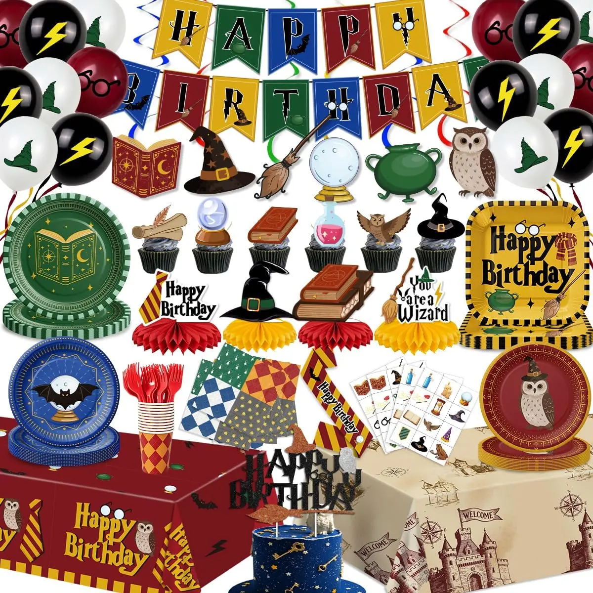 Wizard Birthday Party Decorations Set, Magic Theme Party Suppliers, Magical Party Decor Includes Balloons, Banner, Plates, Napkins, Tablecloth, Cake Topper for 26 Guest set