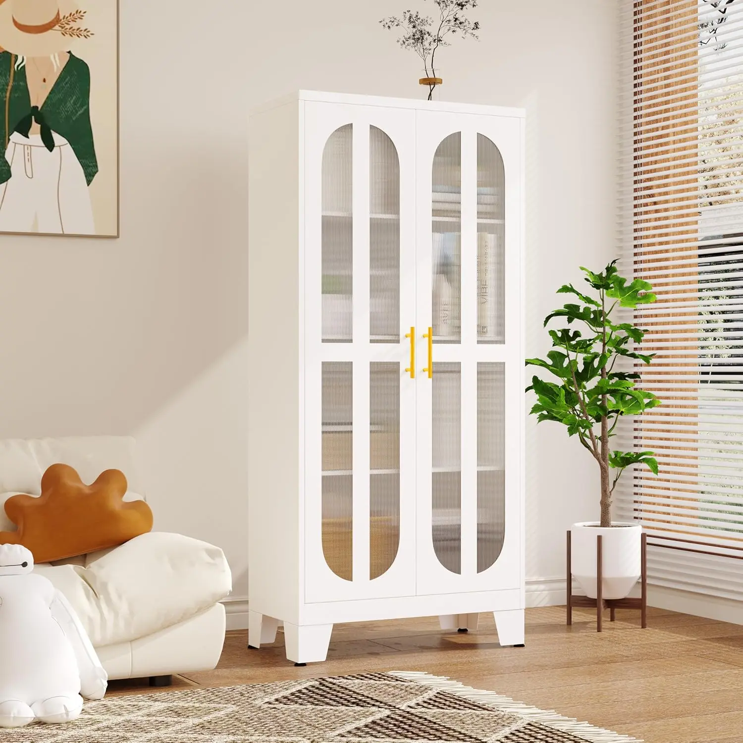 Versatile Metal Storage Cabinet, Kitchen Pantry Closet with 2 Cross Door Panels and 3 Adjustable Shelves, Storage Cupboard for Living Room Office Laundry Dining Room or Outdoor Modern Storage Cabinets White Pantry Cabinet