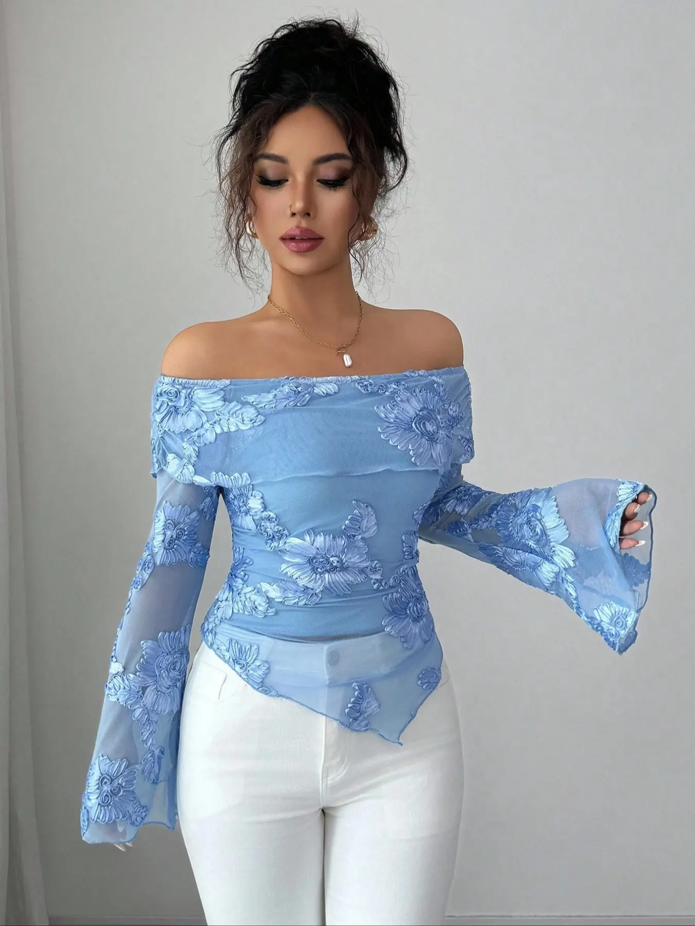 One-Shoulder Embroidered Mesh Top, Embroidery, Long Sleeve, Fit, Elegant French Chic Style, Slim, Show off Clavicle and Waist, Irregular Hem Design, Perfect for Dates and Parties, Asymmetrical Blouse, Floral, All Seasons Blouse