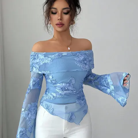 One-Shoulder Embroidered Mesh Top, Embroidery, Long Sleeve, Fit, Elegant French Chic Style, Slim, Show off Clavicle and Waist, Irregular Hem Design, Perfect for Dates and Parties, Asymmetrical Blouse, Floral, All Seasons Blouse, Elegant Fashion Top