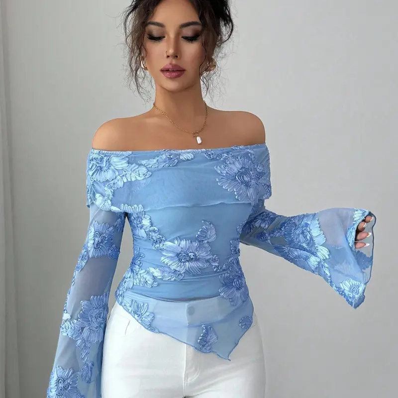 One-Shoulder Embroidered Mesh Top, Embroidery, Long Sleeve, Fit, Elegant French Chic Style, Slim, Show off Clavicle and Waist, Irregular Hem Design, Perfect for Dates and Parties, Asymmetrical Blouse, Floral, All Seasons Blouse, Elegant Fashion Top