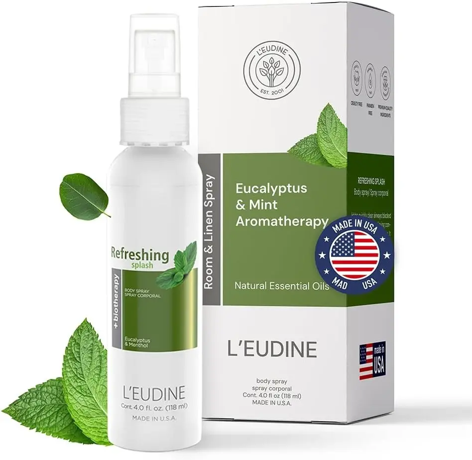 LEUDINE SPRAY refrescante con aceite de eucalipto, spray para el cuidado respiratorio corporal con infusión de menta y aloe, suave para la piel, ambientador multiusos para espacios