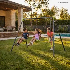 ARCH XNS008 Steel Triple-Seat Face-Face Safe Metal Outdoor Playground Swing Set, 440lbs Weight Capacity, Black & Green, for 3+ Age Kids, Outdoor Kids Stuff
