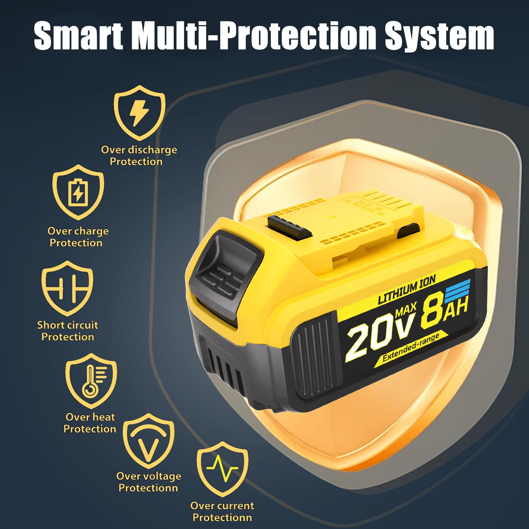 Upgraded 4-Pack 20V 8.0Ah Lithium Ion Batteries for De-walt 20 Volt Max XR Tools DCB200 DCB201 DCB203 DCB204 DCB206 DCB207 High Capacity Long-lasting Power