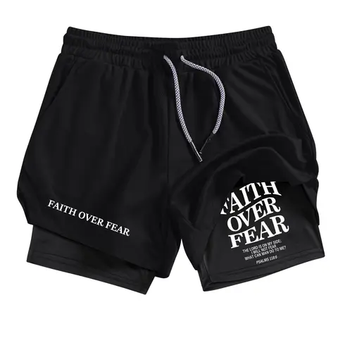 Faith Letter Print 2-in-1 Performance Shorts for Men, Summer Breathable Quick Drying Sporty Shorts, Workout Exercise Shorts, Gym Workout Running Shorts with Phone Pocket Zipper Pocket Towel Loop