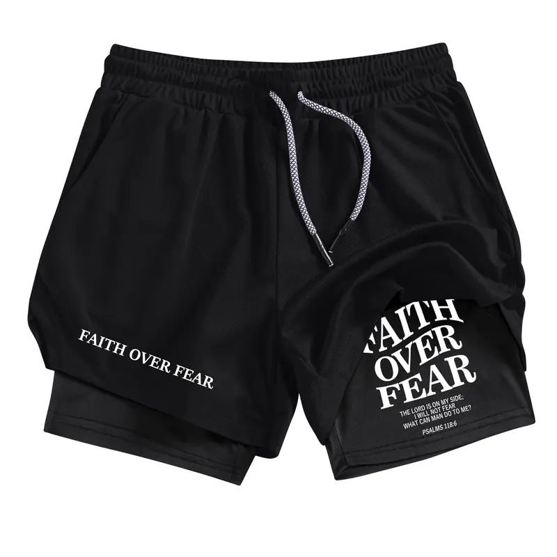 Faith Letter Print 2-in-1 Performance Shorts for Men, Summer Breathable Quick Drying Sporty Shorts, Workout Exercise Shorts, Gym Workout Running Shorts with Phone Pocket Zipper Pocket Towel Loop