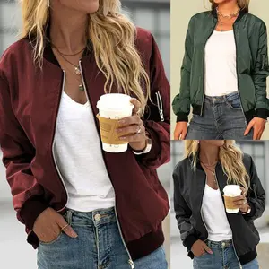 Women's Bomber Jacket Casual Coat Zip Up Outerwear Windbreaker with Pockets Polyester Black Long Sleeve Fitted Minimalist Tops