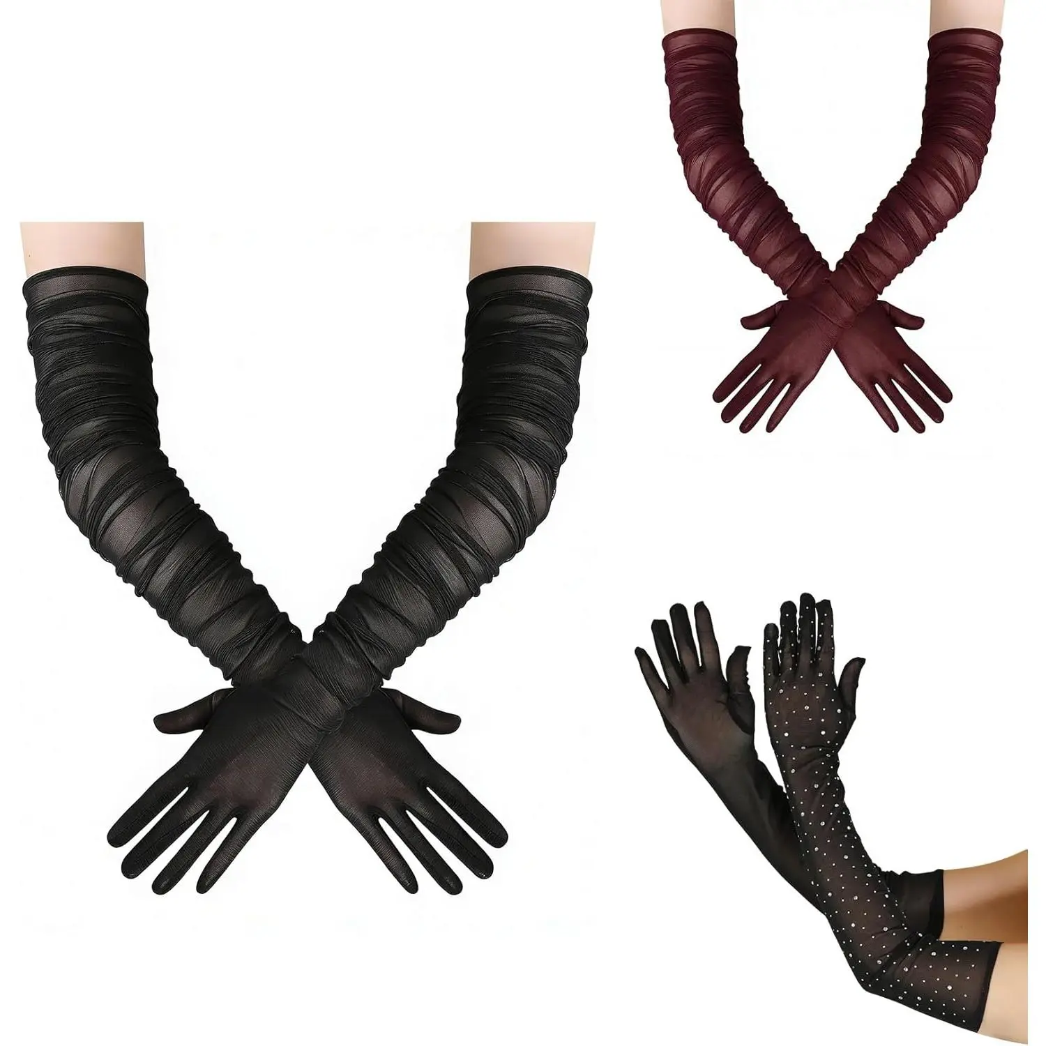 3 Pairs Sheer Mesh Long Gloves – Elegant Silky Evening Gloves, Lightweight Sheer Arm Length Gloves