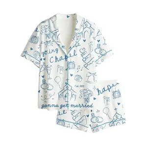 Women’s Going To The Chapel Gonna Get Married Bachelorette Bride Wedding Art Print Long & Short Sleeve Satin Pajama Set, Gift for Her, Funny Lounge Outfit Gift, Loungewear Long & Short Set, Soft Sleeper Wearing Elegant