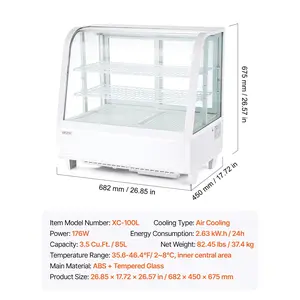 VEVOR Refrigerated Display Case, 3.5 Cu. Ft./ 100L Countertop Pastry Display Case, 2-Tier Commercial Cake Refrigerator with LED Lighting, TURBO Cooling, Frost-Free Air-Cooling, for Bakery, Dessert Shop