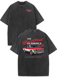 Vintage Washed Loose Fit Pick-Up Print T-Shirt, Retro American Car Pattern Short Sleeve, Classic Streetwear Men's Casual Top, Menswear
