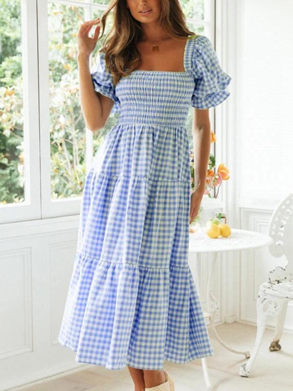 Women's Gingham Print Bubble Sleeve Dress, Casual Short Sleeve Square Neck A Line Dress for Summer, Women's Clothing for Daily Wear