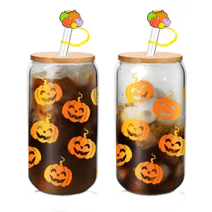 Mason Life 2 Pack 18oz Fall Pumpkins Drinking Glasses,Gifts for Women Iced Coffee Cups with Lid and Straw,Drinkware Tumblers Bamboo