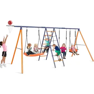 6-in-1 Heavy-Duty Metal Backyard Swing Set (700 lbs Capacity) for Kids Outdoor Play, Larger Adjustable Stand, 3 Swings, Climbing Ladder, Climbing Net, Basketball Hoop | Outdoor Playground Gym Equipment