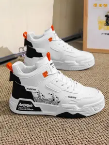 Men's Black - White Chinese Trend High - top Sneakers, Street Trendy Style, Leather - spliced Material, Chinese Trend & Eye - catching, Comfortable on Feet, Ideal for Daily Outfits & Street Outings