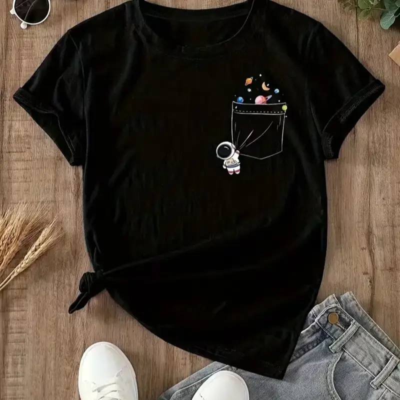 Women's Short Sleeve Crew Neck T-Shirt with Cute & Chinese Graphic Print - Casual Summer Spring Blouse for Women, Comfortable Casual Attire Top