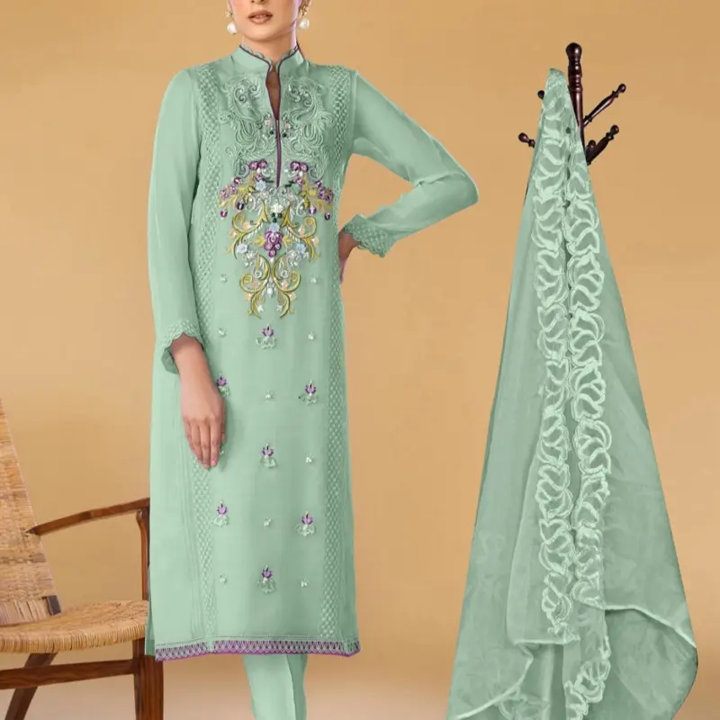 Women's Pakistani Casual Style Summer Wear - Green Suit with Embroidery, Long Sleeves, and Matching Trousers - Womenswear, Clothes