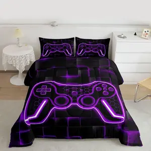 Kids Gamer Comforter Set Purple and Black Bedding Set for Boys Teens Decor Gaming Ombre Comforter Geometric Square Duvet Set
