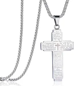 1Pcs Stainless Steel Our Father Lord's Prayer Cross Pendant Necklace for Women Men Chain, Christian Scripture Cross Stainless Steel Pendant Necklace Men Women Daily Party Fashion Jewelry