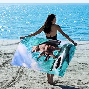 LIVILAN Funny Shark Bear Beach Towel, 30 x 60 Microfiber, Soft, Quick Dry, Sand Free, Ideal for Bath, Pool, Travel, Unique Shark & Bear Gifts for Men, , Teens