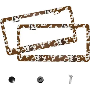 License Plate Frames for Women Cow Camouflage Print Brown Cute Car Decor 2 Pack Aluminum Plate Frame Holder with Screws Truck Accessories for Men, Fits Standard Us Vehicles 6x12 Inch 2 Holes