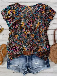 Women's Floral Print Curved Hem Blouse, Casual Short Sleeve Round Neck Top for Summer, Ladies Clothes for Daily Wear