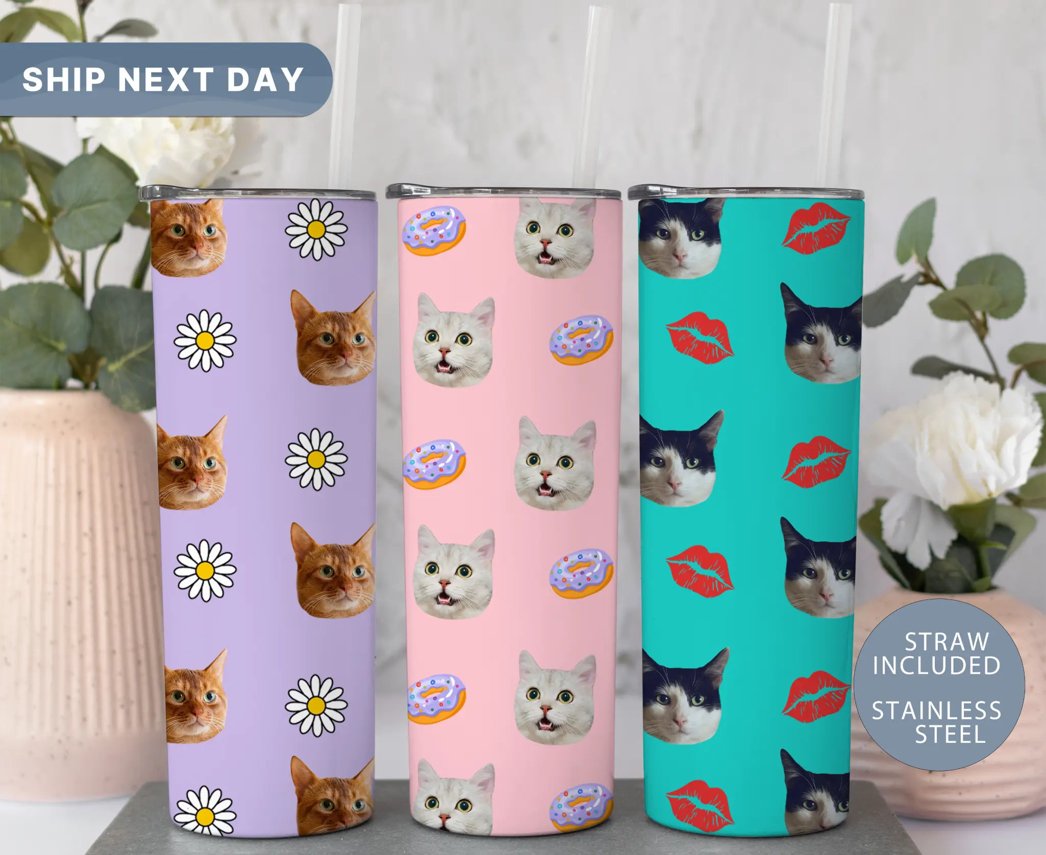 Personalized Cat Photo Tumbler with Straw, Custom Cat Tumbler, Cat Lover Tumbler, Gifts for Cat Mom, Cat Photo Travel Mug