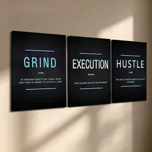 3 Pcs/Set Wooden-Framed Canvas Painting, "Grind, Execution & Hustle" Motivational Quote Triptych Canvas Wall Art, Black & Cyan Print for Living Room, Bedroom, Office Decoration, Modern Home Decor, Fashion Artistic Ornaments, Artwork