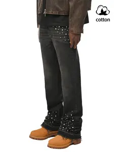 Men's Gradient Beaded Denim Jeans, Heavy Craft Sequined Flare Style, Casual Elastic Bell Bottoms, Comfortable Fashion Design, All Seasons