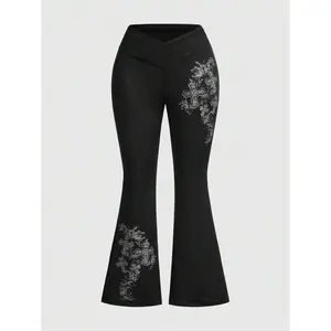 Goth Plus Size Cross & Vine Shaped Print Skinny Flared Pants With V-Waist, School Can be used with a raincoat