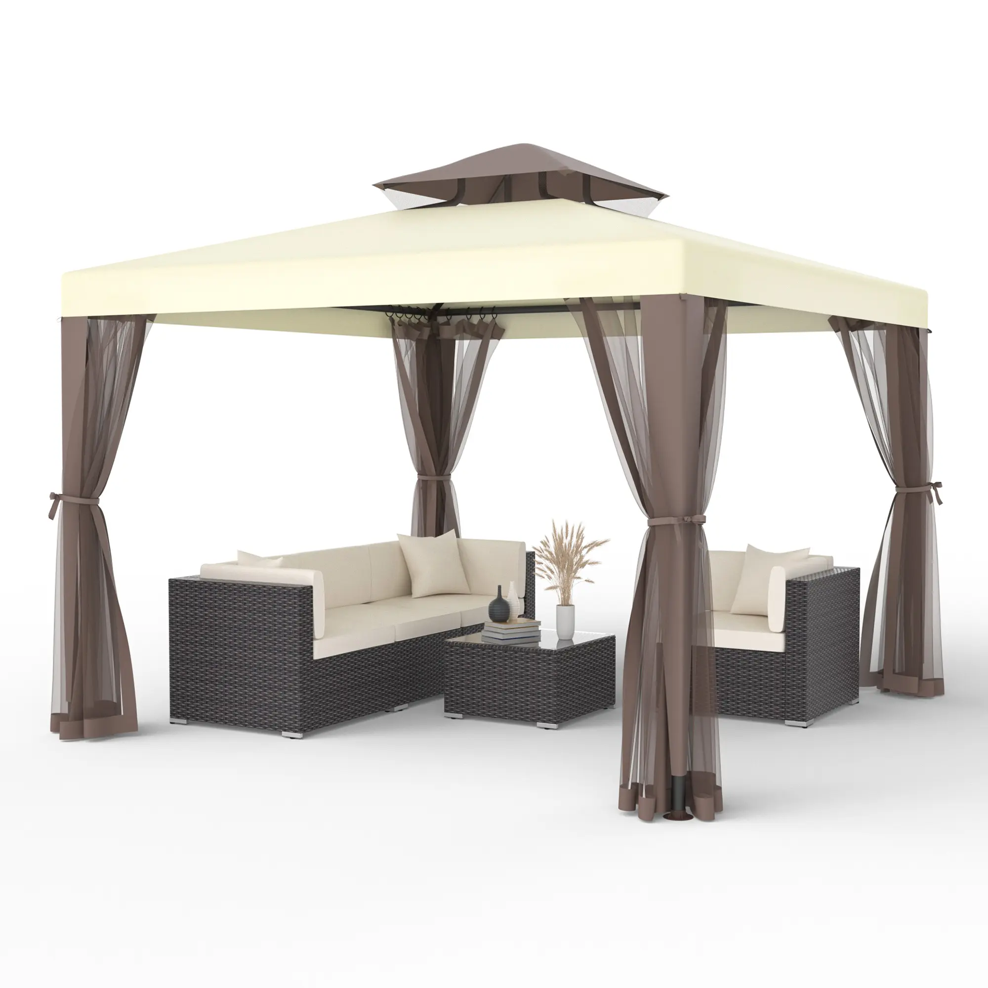 Gazebo, 10'x10' Patio Gazebo Waterproof Canopy Tent UV-Resistant 2-Tier Top Sturdy Outdoor Canopy Tent for Camping with Mosquito Netting for Garden Patio Backyard