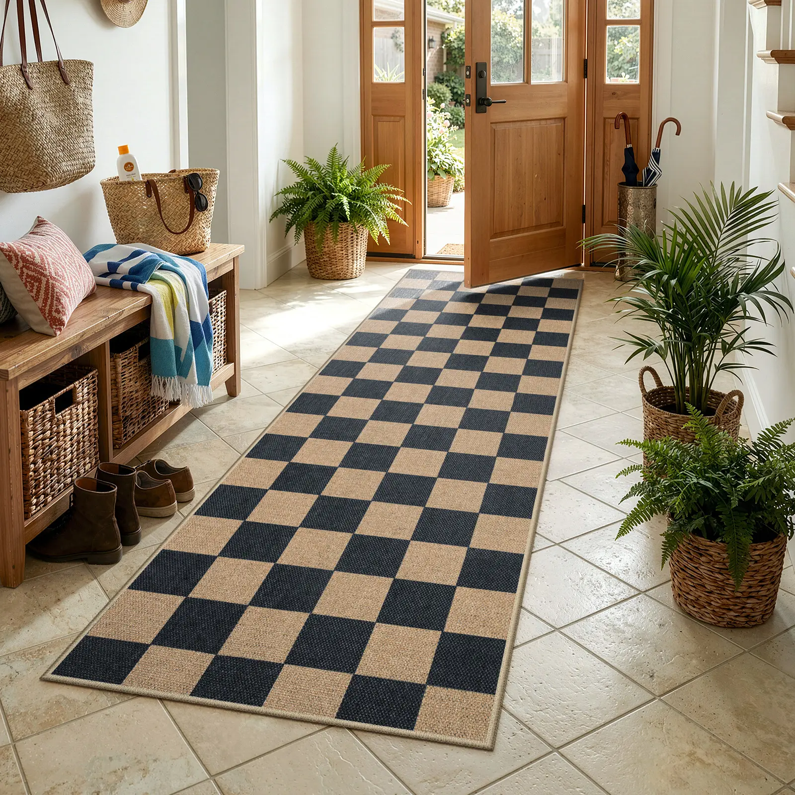 Lahome Checkered Easy Jute Runner Rug, Hallway Kitchen Runner Rug Non Slip Washable Outdoor Carpet for Entryway Indoor, Checkerboard Indoor Outdoor Carpet for Hallway Entry