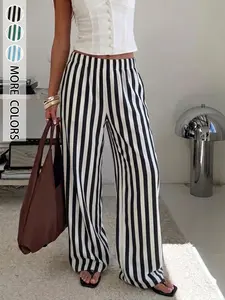 Women's Color Block Vertical Striped High Waist Wide Leg Pants, Elastic Waist With Pockets, Draped Slimming Design, Breathable Lightweight Comfortable Fabric, Summer Versatile Trousers, Casual Comfy Trousers, Perfect for Vacation and Daily Casual Wear
